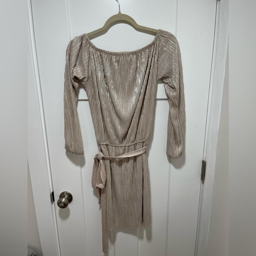Champagne gold shimmer off the shoulder mini dress